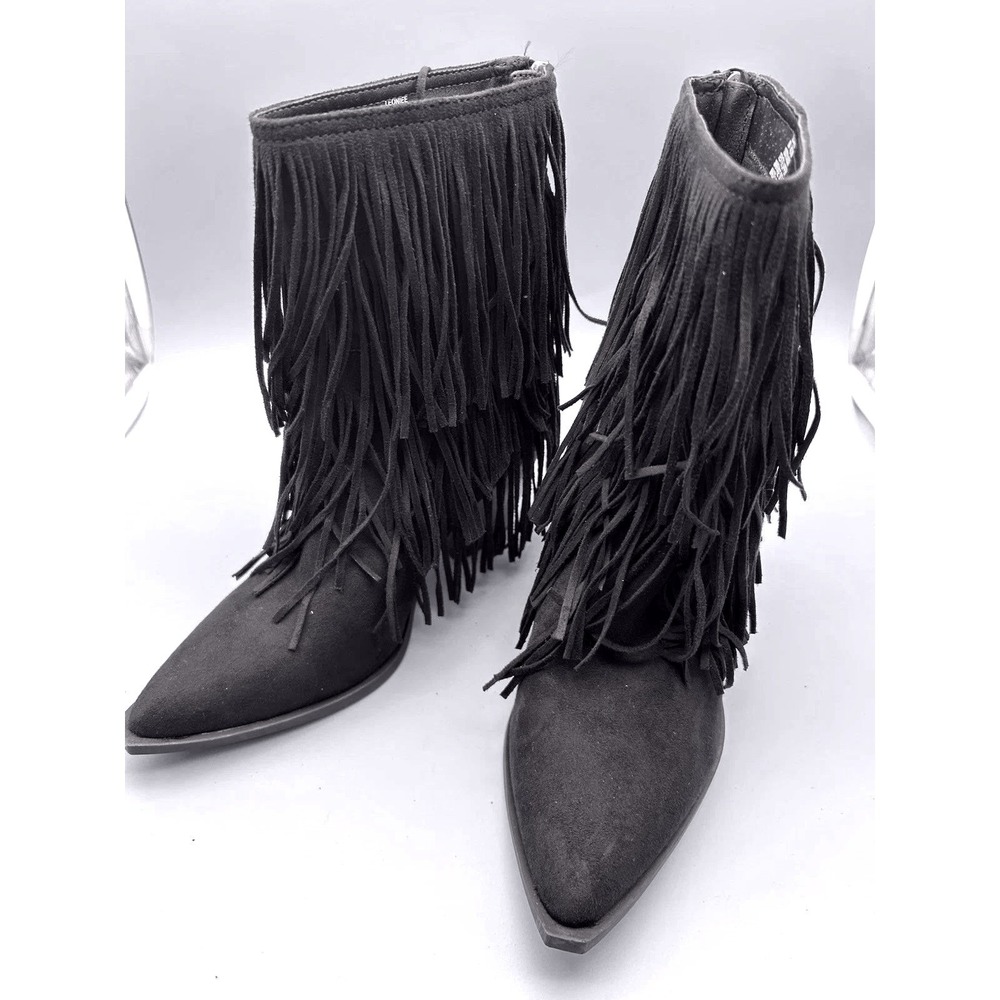 Wild Pair Womens Leonie Black Fringed Ankle Boots Pointed Toe Western Block Heel
